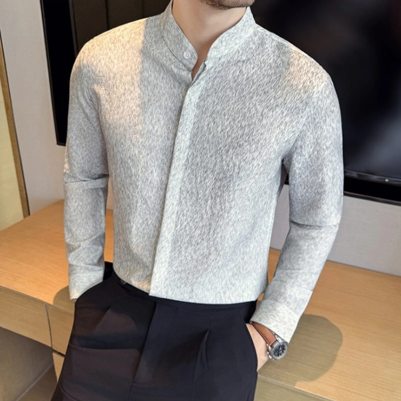 

Chinese Style Standing Collar Long Sleeved Shirt Men Imitation Linen Cotton Striped Shirt Casual Business Formal Dress Shirts