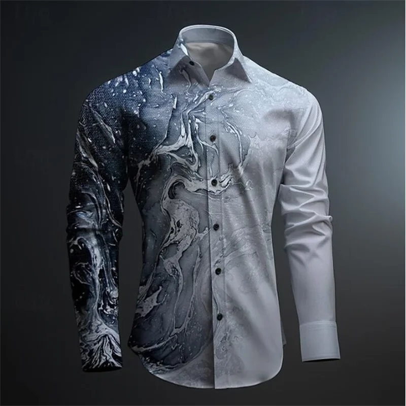 Men's Business Casual 3D Printed Shirt Spring Summer Collar Button Long Sleeve Shirts Street Fashion Printed Men's Clothing