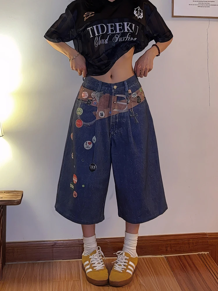 

DoubleD2025 Summer American 3D Chain Emblem Printed Seven-Foot Jeans Men's Women's Wide Leg orts Casual Loose Fit