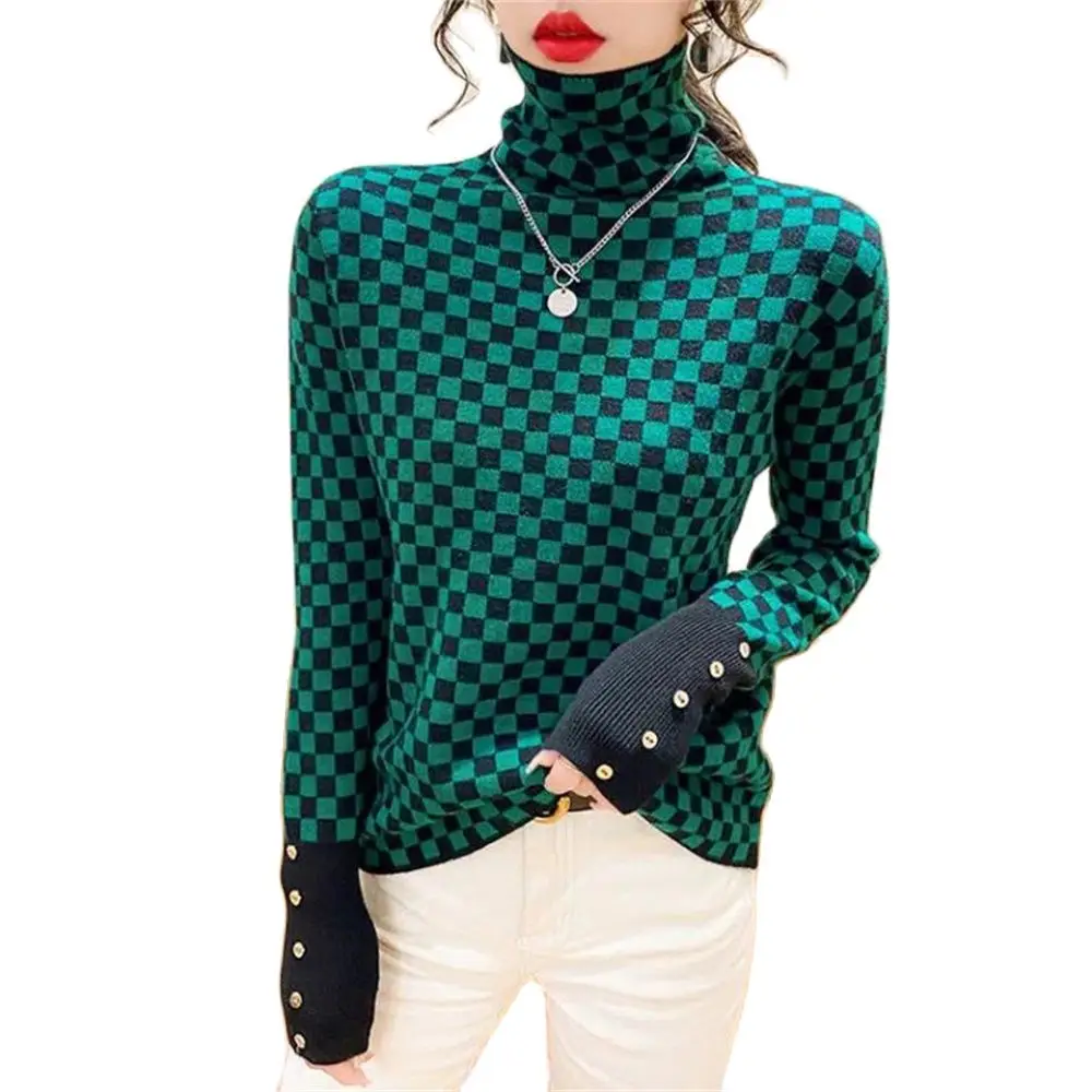 Women\'s Fleece Houndstooth Turtleneck Sweater Sexy Plaid Pullover Korean Fashion Luxury Winter 2024