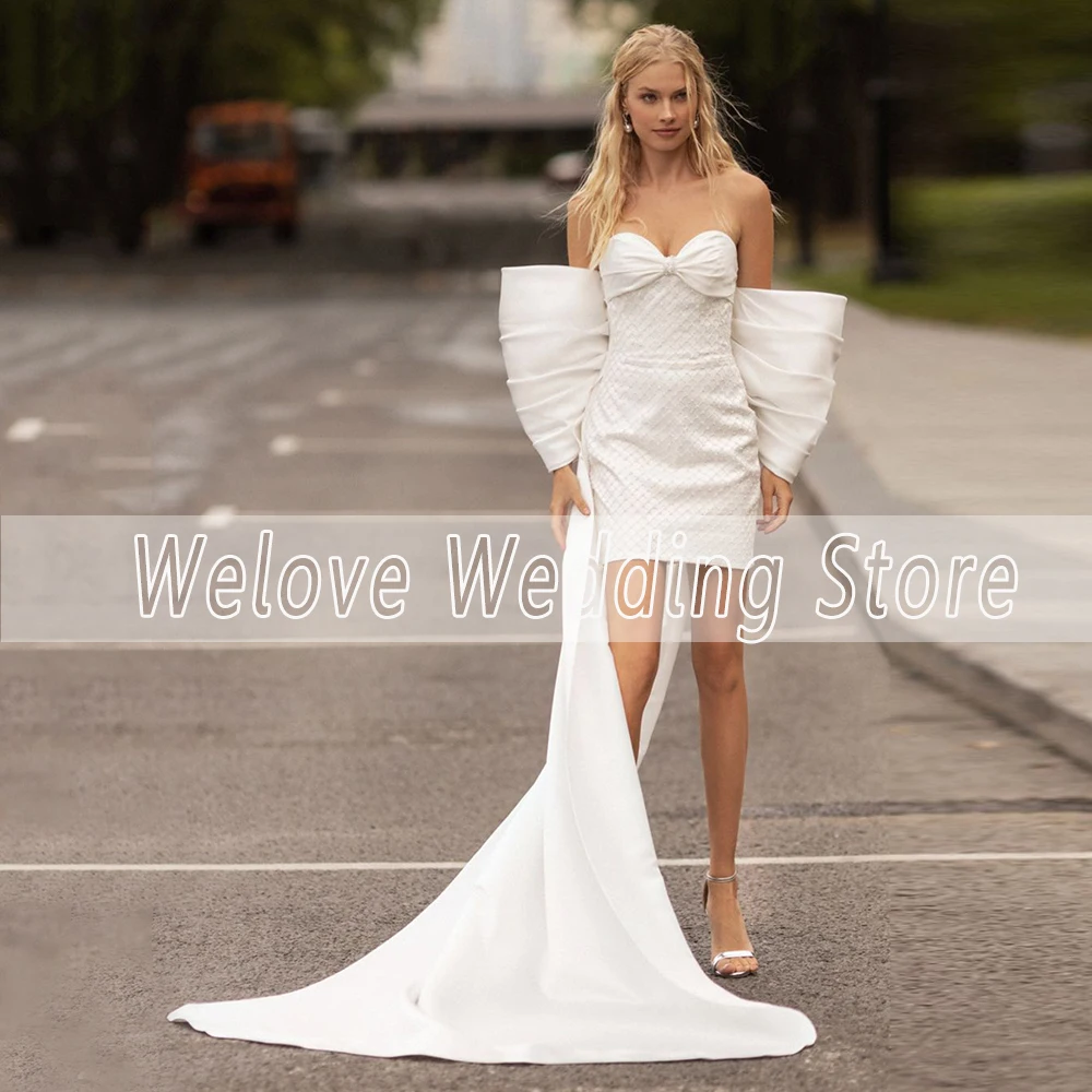 Moderne Kurze Hochzeit Kleid Für Braut Bogen Zug Schatz Neck Sleeveless Nach Mini Brautkleid Perle Weiß Vestido De Novia