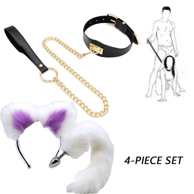 4 pcs Fox headband with tail anal plug Collar Slaves Masque Sexy Bondage Restrsaints Binding Restraint Kit Slave Femdom Cosplay