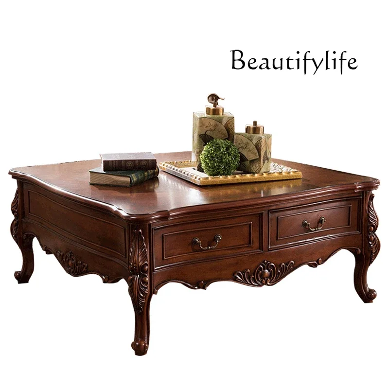

American rural solid wood coffee table European square coffee table retro carved living room generous table