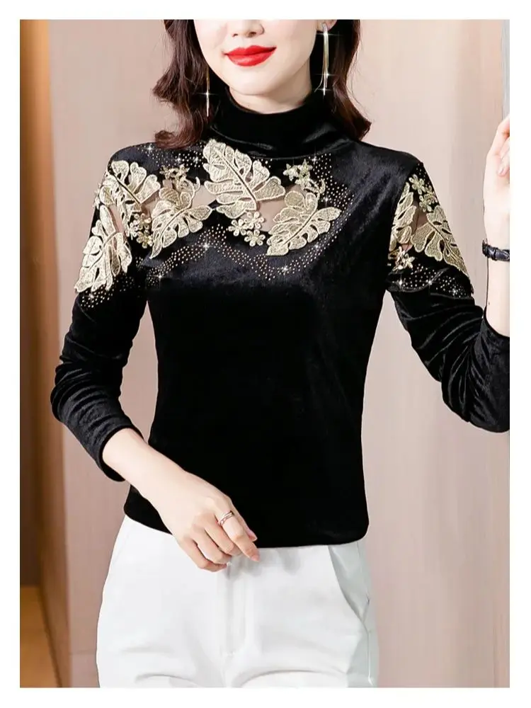 Spring Autumn Women Clothing Tops Fit Casual Elastic Stand Collar Hollow Out Velour Full Sleeve T-shirt