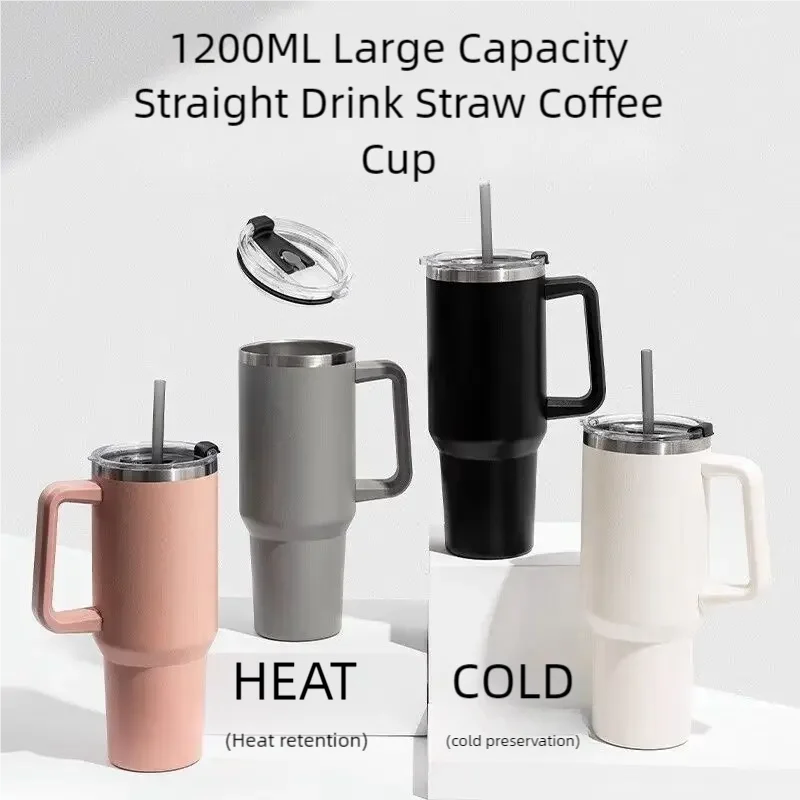 40oz 1200ML Insulated Tumbler W/Handle & Straw, Double Wall Thermal Cup, Travel Coffee Mug,Portable Inox Thermal Cup