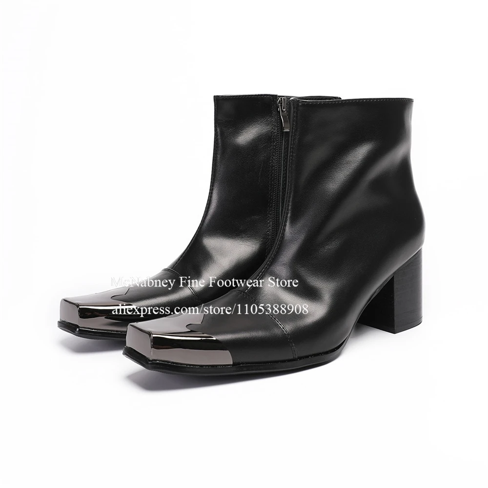 Metal Square Toe Leather Side Zip Chelsea Boots Block Heel Luxury Fashion Men Short Bootie Handmade Nightclub Party Plus Size
