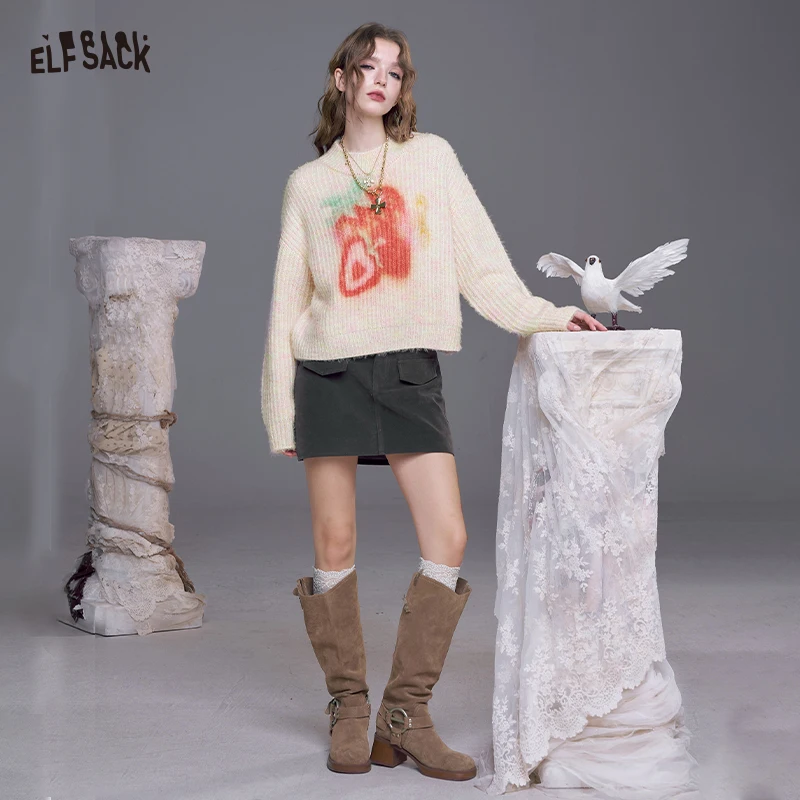 

ELFSACK 2025, осенние новые поступления, милый мягкий большой повседневный вязаный свитер с клубничным принтом для женщин
