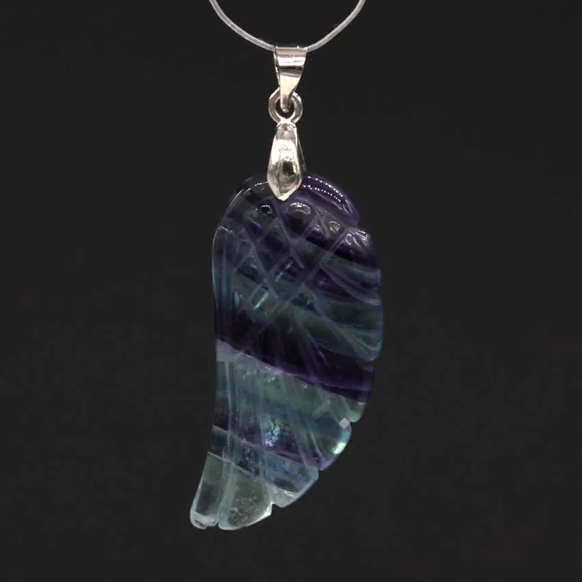 KFT Silver Plated Vintage Natural Fluorite Stone Freedom Angel Wing Pendant 35mm Fashion Women Men  Jewelry