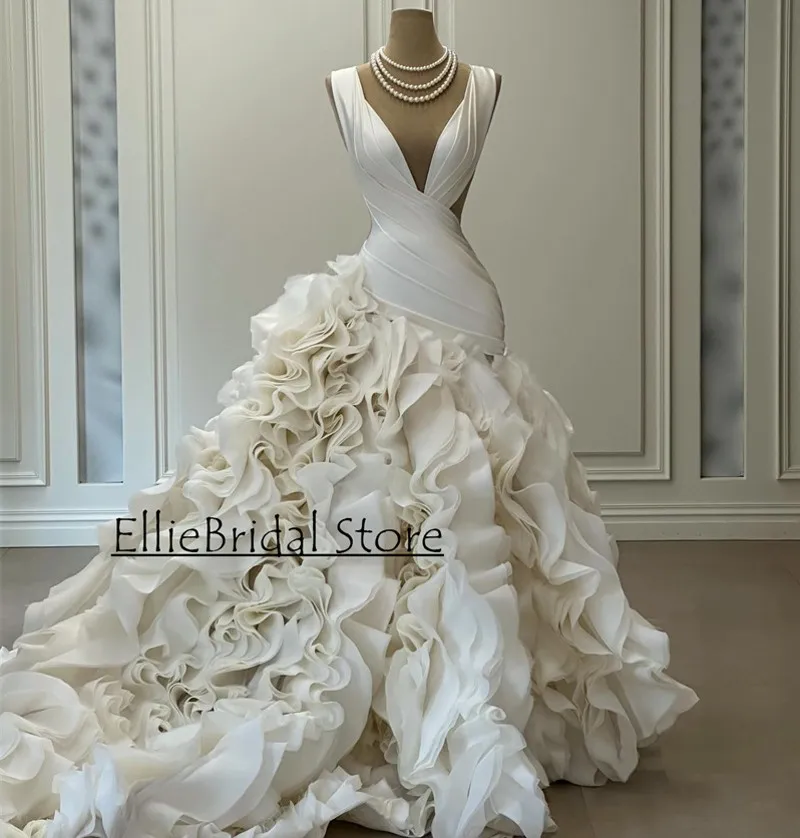 Sexy Deep V Neck Satin Wedding Dress Women Luxury Ruffles Mermaid Bridal Gowns For Brides Pearls vestidos de noiva Customized