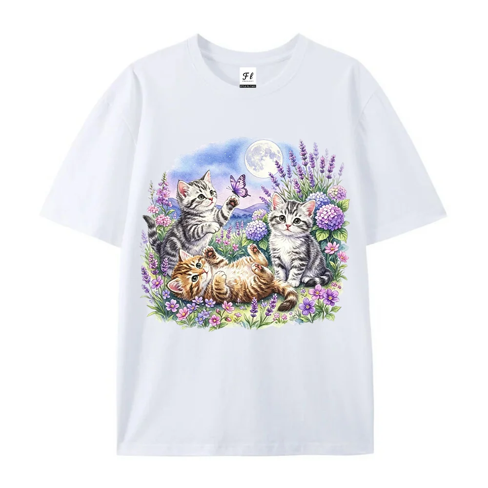 Female T Shirt Cute Cats Lavender Moon Butterfly Graphic Printed Cotton Oversized Short Sleeve Tee Tops Summer Harajuku