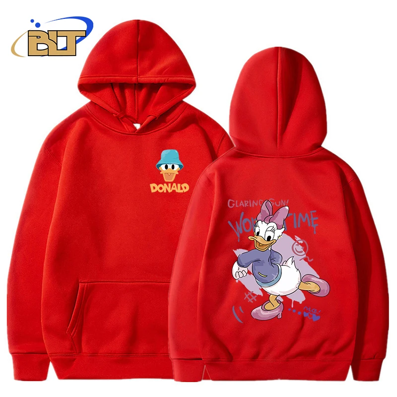 Donald Duck Printed Men's Autumn and Winter Hoodie Plus Fleece Sweater Red Loose Top