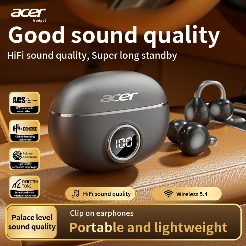 [Offizielles Acer-Produkt] Ohr512 Bluetooth-Kopfhörer, kabelloses Ear-Clip-Design, angenehm zu tragen, Geräuschunterdrückung für Anrufe, geeignet für Sport und Laufen, kompatibel mit Mobiltelefonen