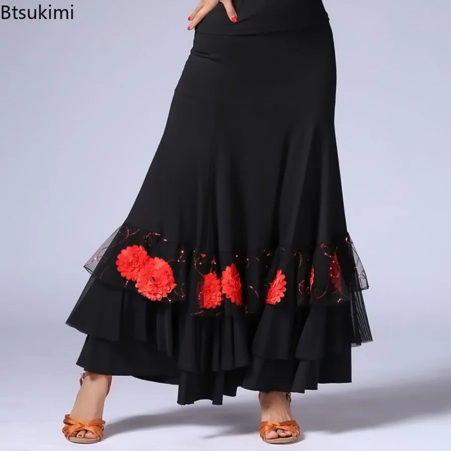 Abito da donna per pratica di sala da ballo di flamenco, fantasia spagnola, danza del ventre, con paillettes, fiori, ricamo, volant, grande ala, gonna da palcoscenico zingara