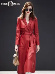 Mulheres italianas macio pele de carneiro couro genuíno longo jaqueta estilo militar com cinto fino ajuste senhora outono novo blusão trench coat