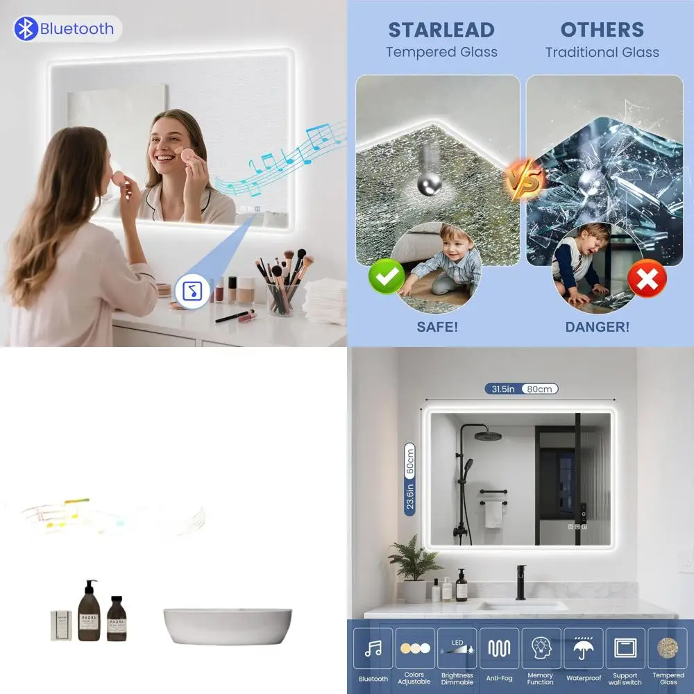 

24x32 Waterproof LED Mirror with Bluetooth Speaker, Anti-Fog, 3-Color Temp, Dimmable, Tempered Glass
