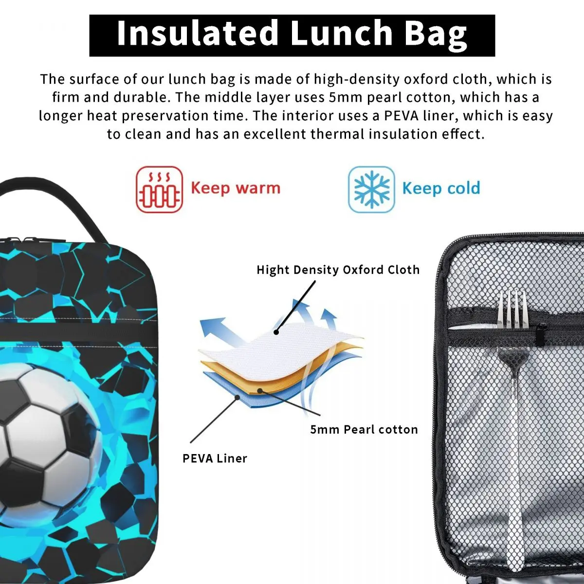 Soccer Football Balls Insulated Lunch Bag High Capacity Sports Lunch Container Cooler Bag Tote Lunch Box College Travel Men