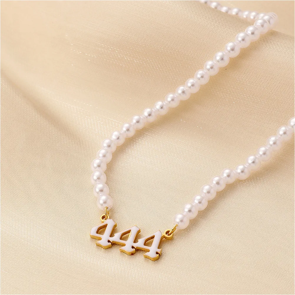 Angel Number 444 Pearl Necklace Delicate Clavicle Chain Fashion Pendant Charming Appearance for Women and Girls Party Wedding
