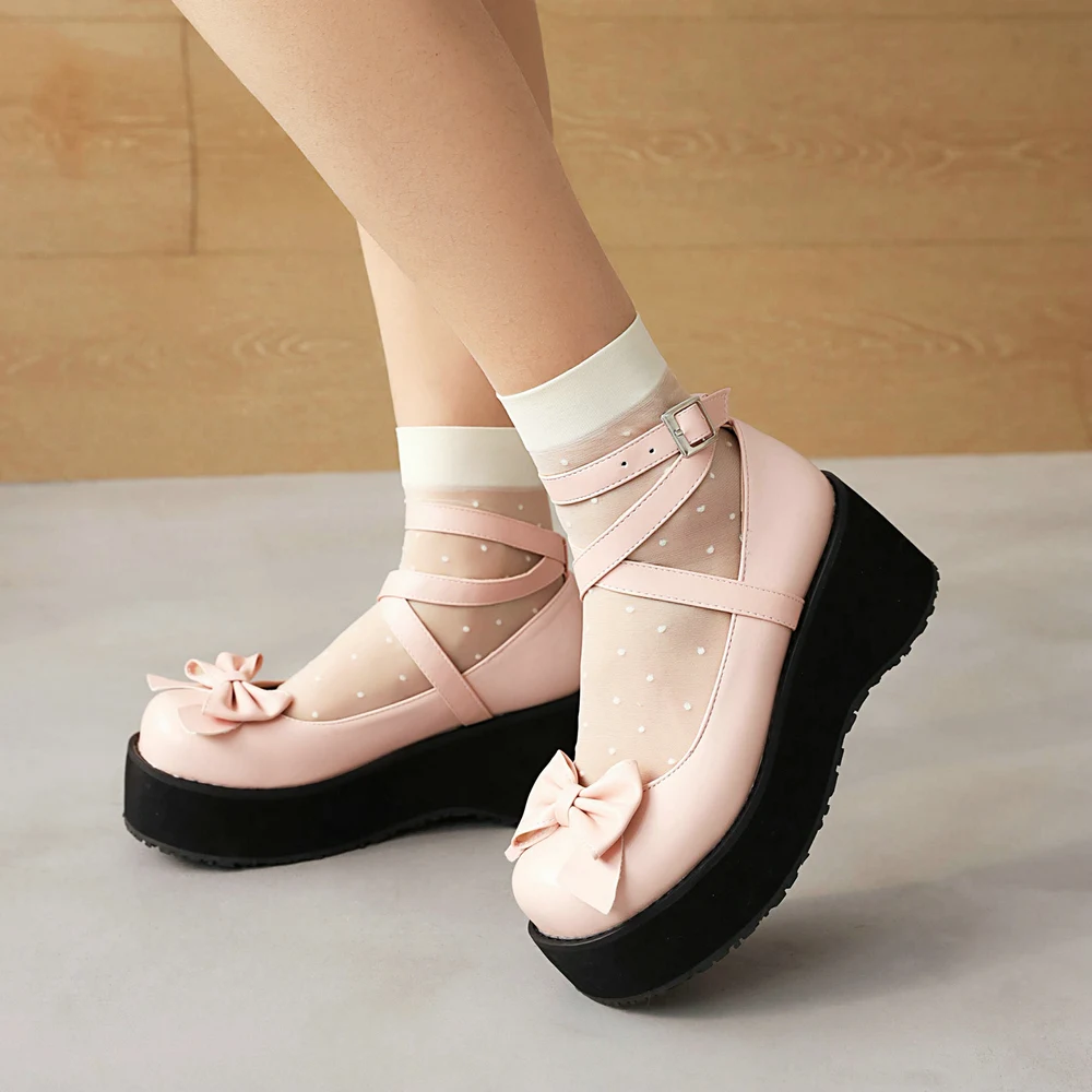 Plus Size Wedges Lolita Shoes High Platform Sweet Bow Ankle Strap Cosplay Party Pumps Spring Autumn Fashion Wear Pink Black