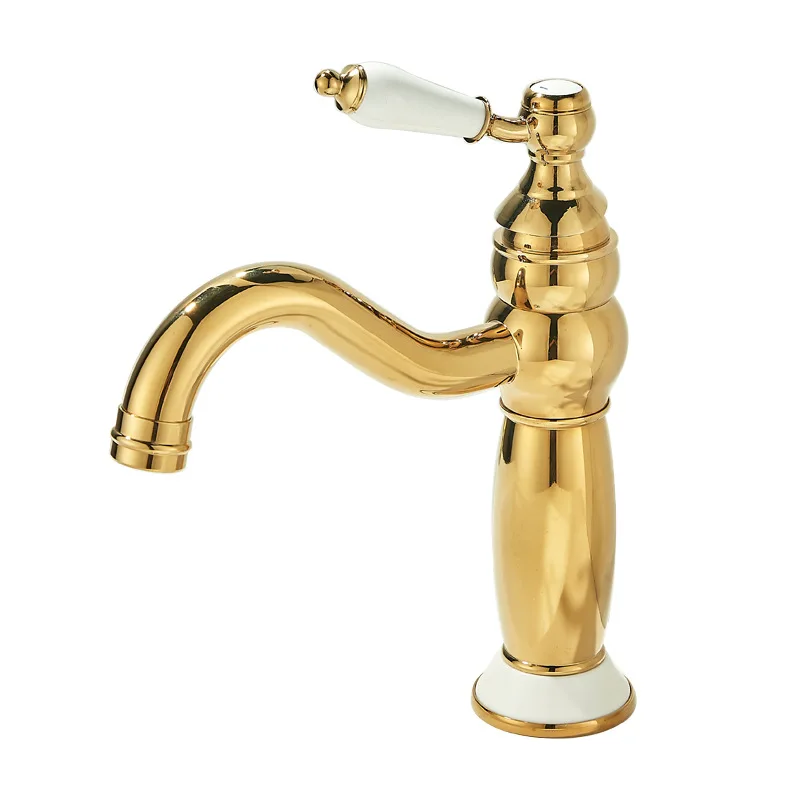 

French retro hot and cold faucet household washbasin bathroom under the counter basin single hole washbasin gold faucet full