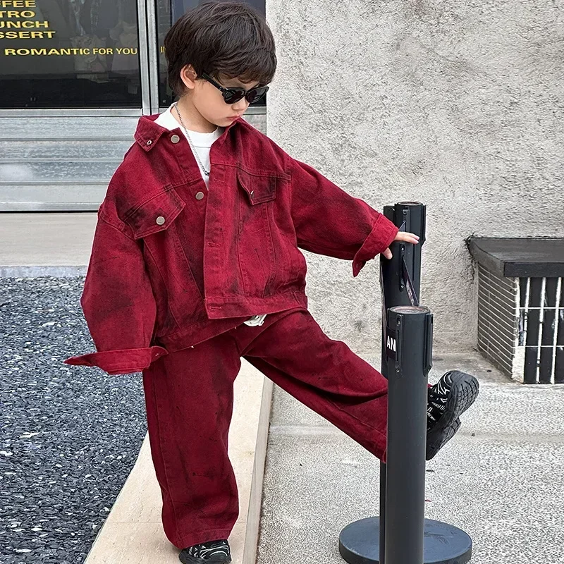 Children Clothes Boys Fashion Set 2024 Spring and Autumn New Handsome Red Denim Coat and Pants Boys Cool Two-piece Set