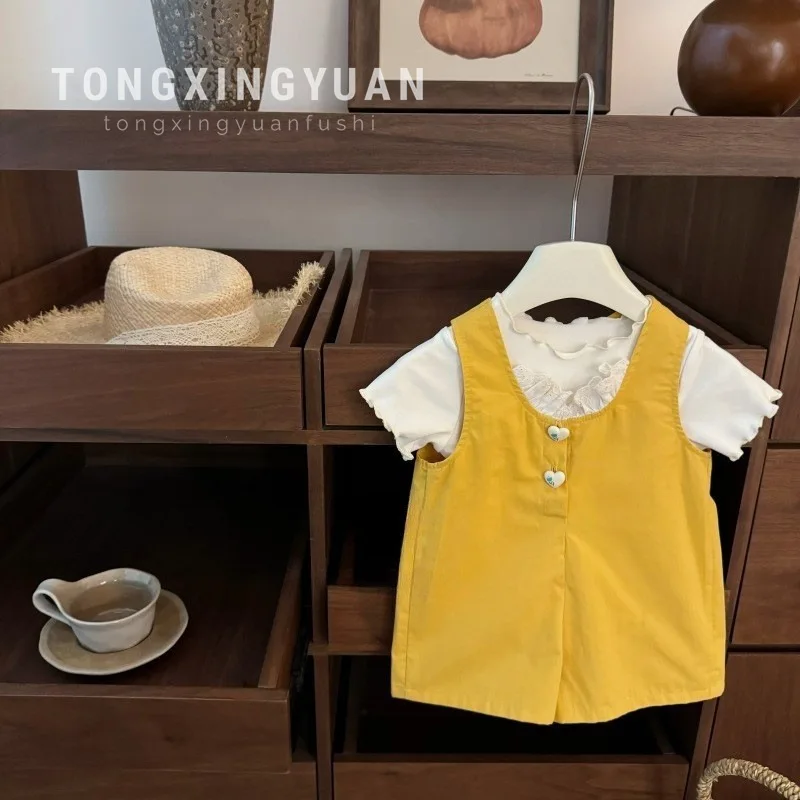 

Sweet and Cute Explosion of Whiteness!Korean Style Candy Yellow Suspender Shorts for KidsTWomen's Shirt and Pants Set