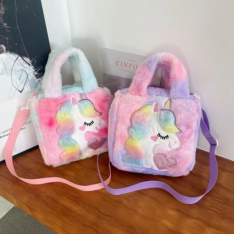 Cute Women's Plush Cartoon Unicorn Bag Lady Winter Fluffy Fur Rainbow Color HandBags Girls Party Gift