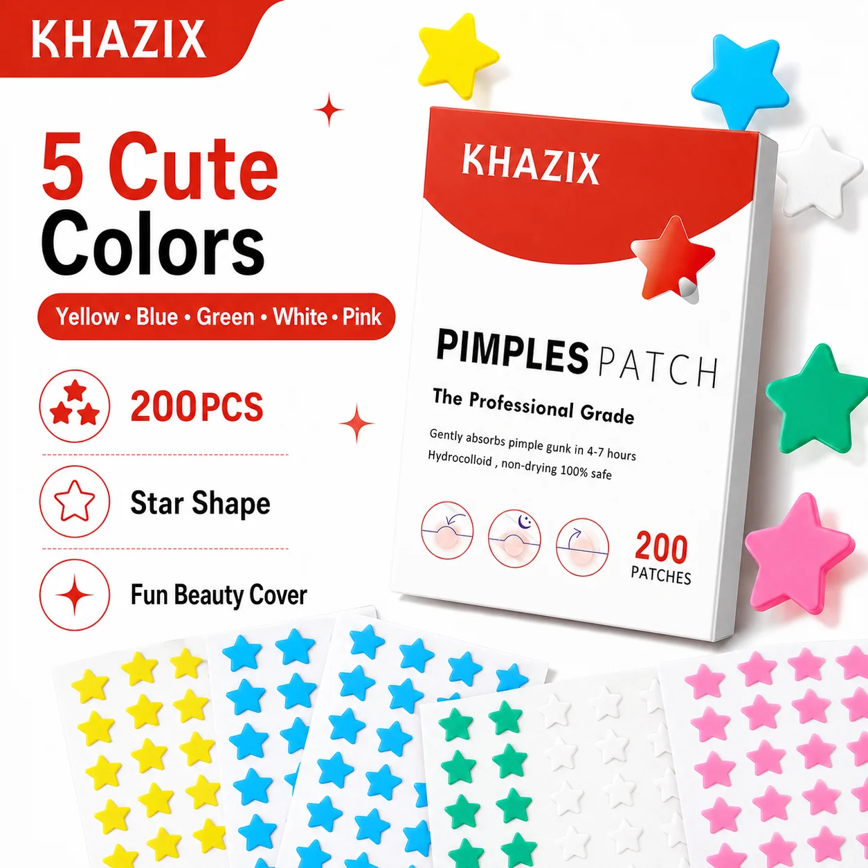 200PCS Star Shape Acne Patches 5 Colors Invisible Spot Cover Cute Face Stickers Blemish Care Patch Set