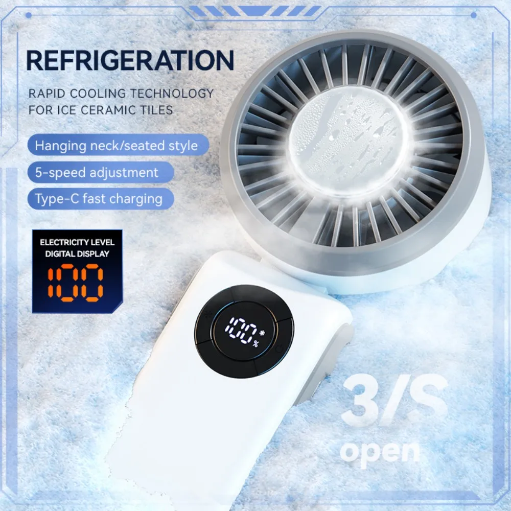 Portable Handheld Turbo Fan with Ice Compress and Lanyard 5-speeds Adjustable 4000mAh Rechargeable Foldable Desktop Cooling Fan