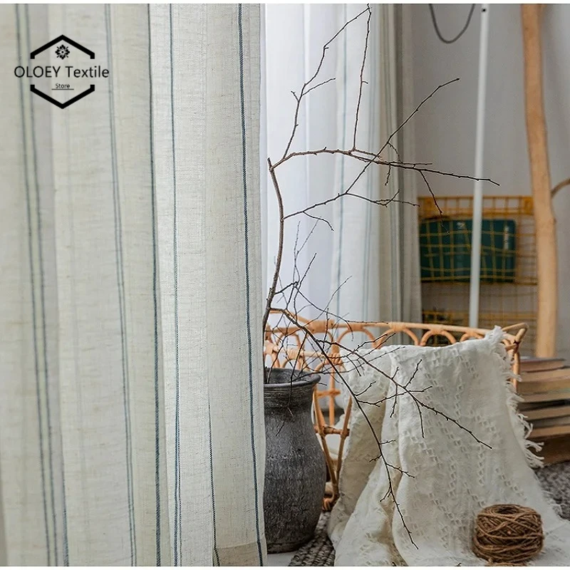 

French Style Linen Cotton Curtains for Bedroom Living Room Balcony Blue Striped Custom Childrens Room Yarn Drape Book Nook Decor