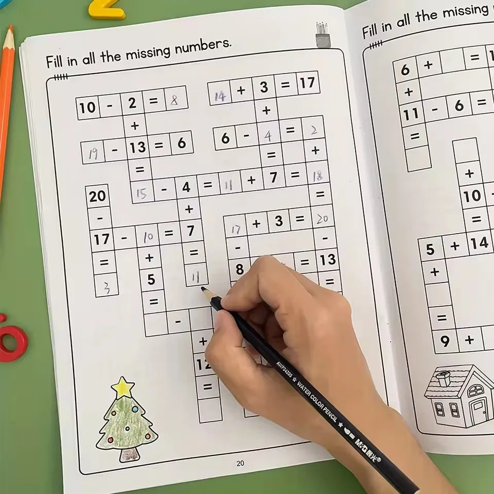 Image 6: Cahier d'exercices Montessori pour enfants sur les puzzles de mots croisés mathématiques 5-8, Addition, soustraction, multiplication, division