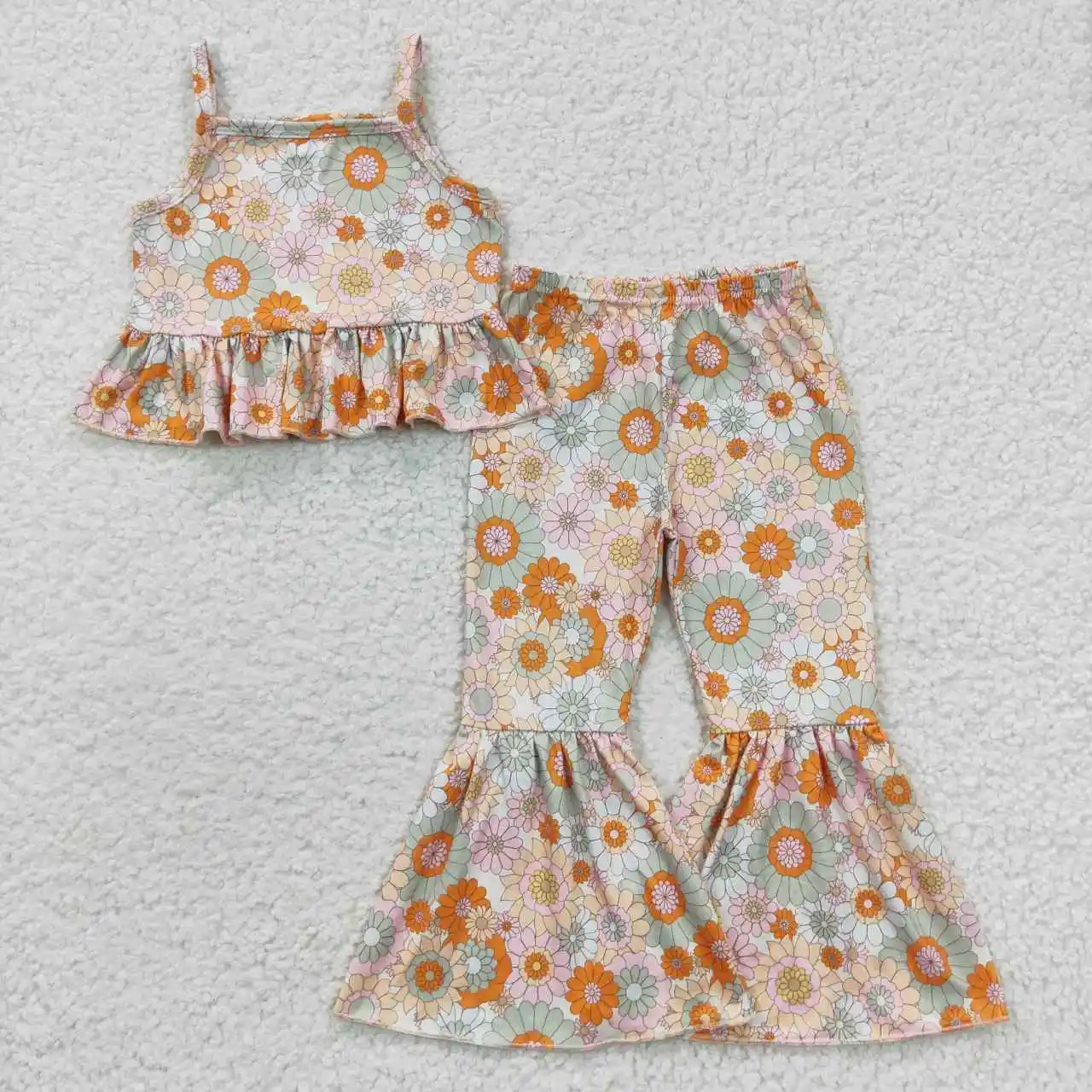 GSPO0668 Kids Summer Clothes Sleeveless Top With Bell Bottom Pants 2 Pieces Girl Outfits