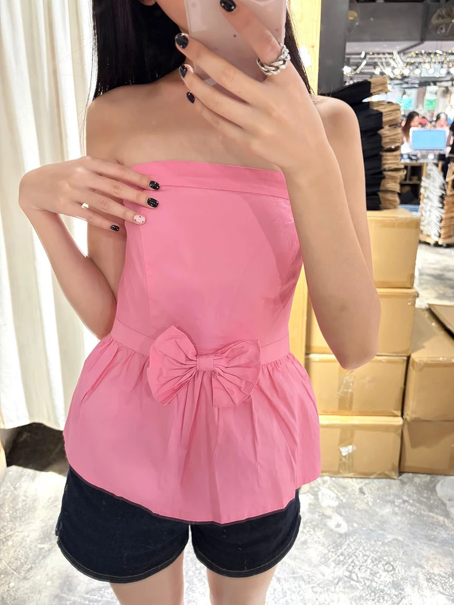 Cute Bow Pink Tube Top Woman Summer Back Elastic Band Cotton Strapless Camis Sweet Solid Evenning Party Slim New Tank Tops Y2k