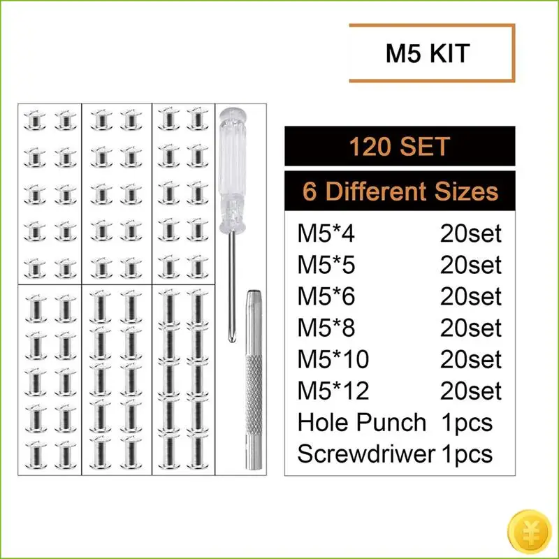 120 Sets Leather Rivet Binding Screws Hardware Fasteners For Belts, Wallets, Bags, Collars