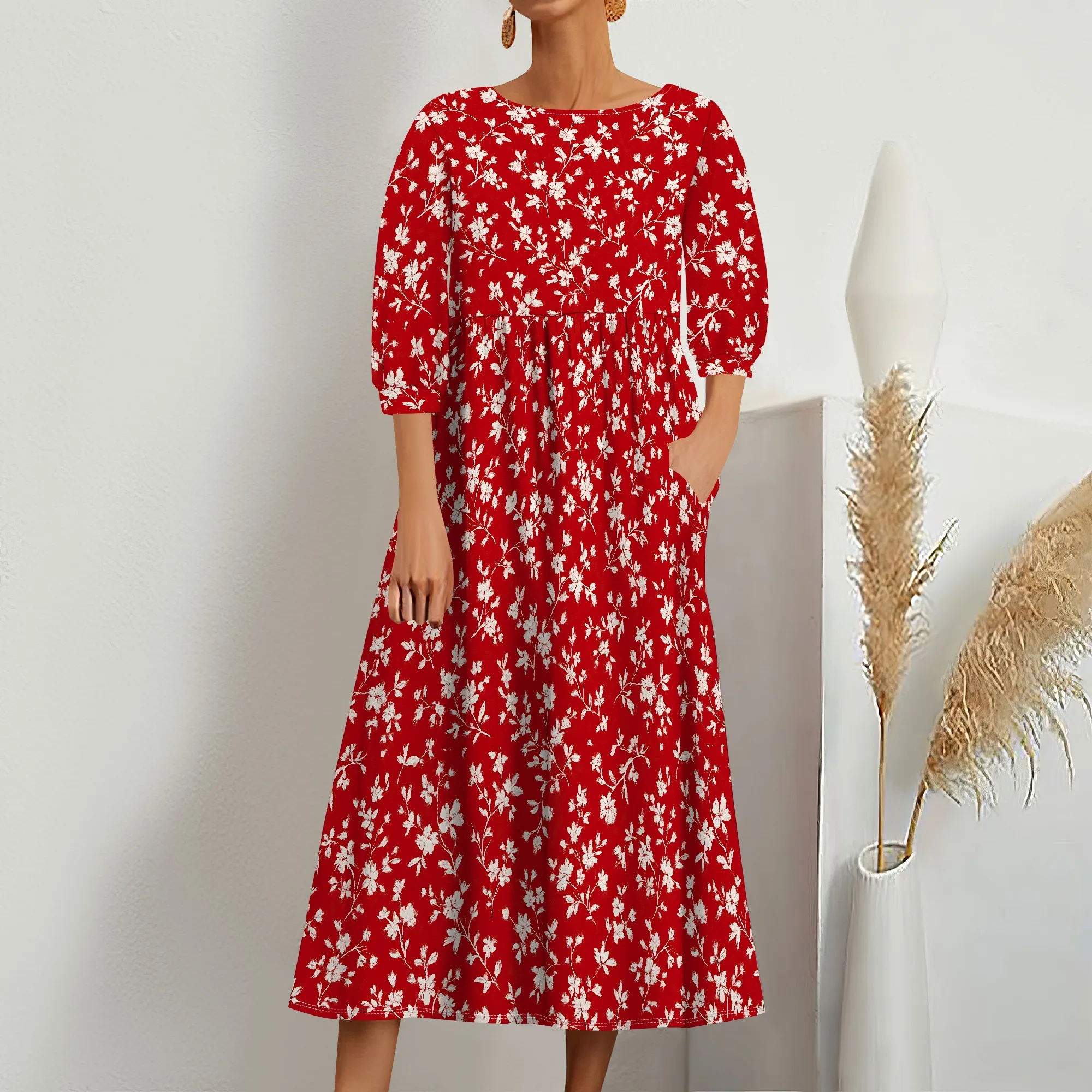 ชุดเดรสลําลองสตรีสําหรับฤดูร้อนแขนสั้น Flare Midi Dress หลวม Flowy Beach Sundress