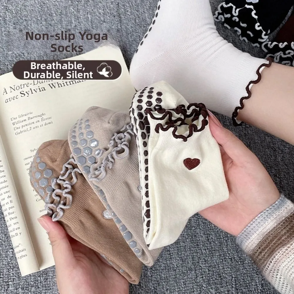 

Новые хлопковые носки для йоги с рюшами и манжетами, силиконовые носки с ручками, нескользящие дышащие носки с вышивкой в виде сердца, йога Barre Ballet