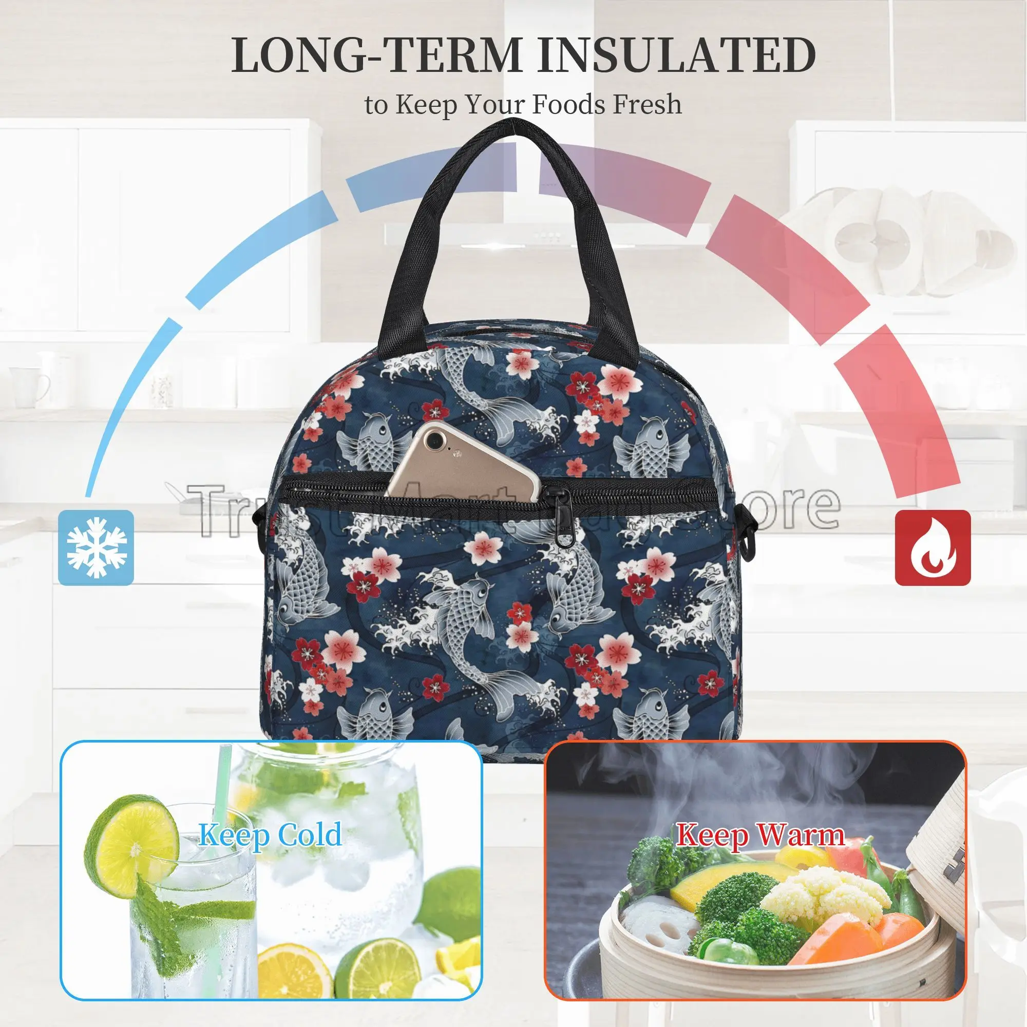 Cool Koi Cherry Sakura Blossom Insulated Lunch Bag Japanese Asian Fish Floral Reusable Thermal Bento Tote Box for Women Girls