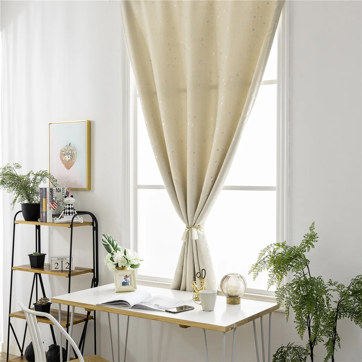 1 個の遮光カーテン 60X150Cm ベージュシルバー星装飾テープ固定パンチ不要厚みのある窓ドレープ寝室用ホーム