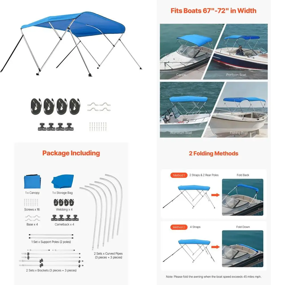 

Boat Bimini Top 600D Polyester, Waterproof & Sunshade, 6'L x 67-72W x 46H, with Storage Bag & 2 Poles, 4 Straps