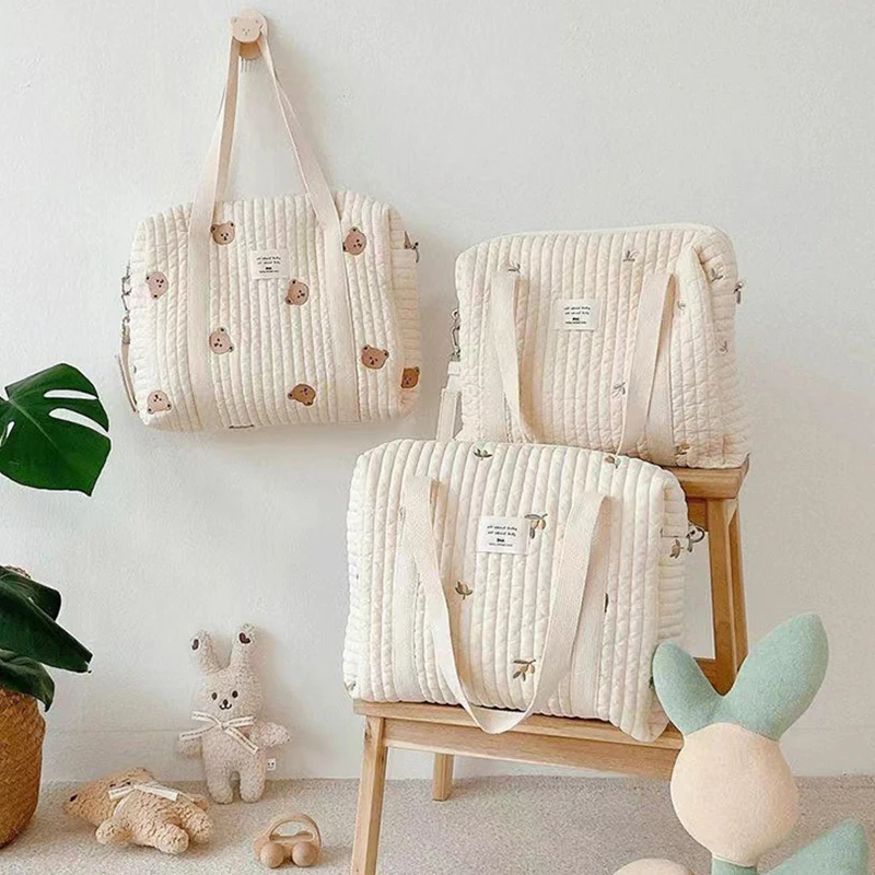 Newborn Gear Baby Care Diaper Bag Mummy Shoulder Bag Embroidery Quilted Stroller Diaper Storage Organizer Large Handbags