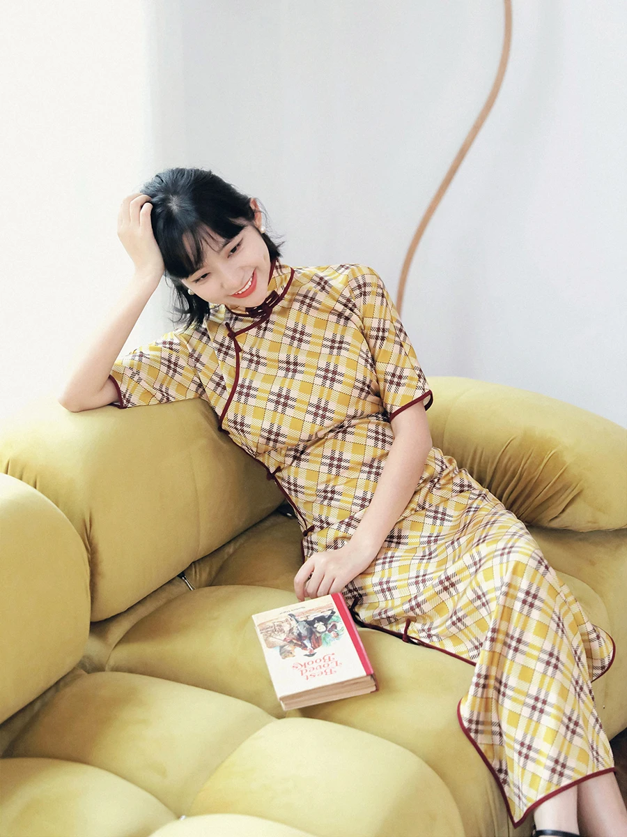 

Momei Spring Summer Vintage Sle Midi Length awl Collar Floral Print f Sve Daily Wear Chiffon Qipao