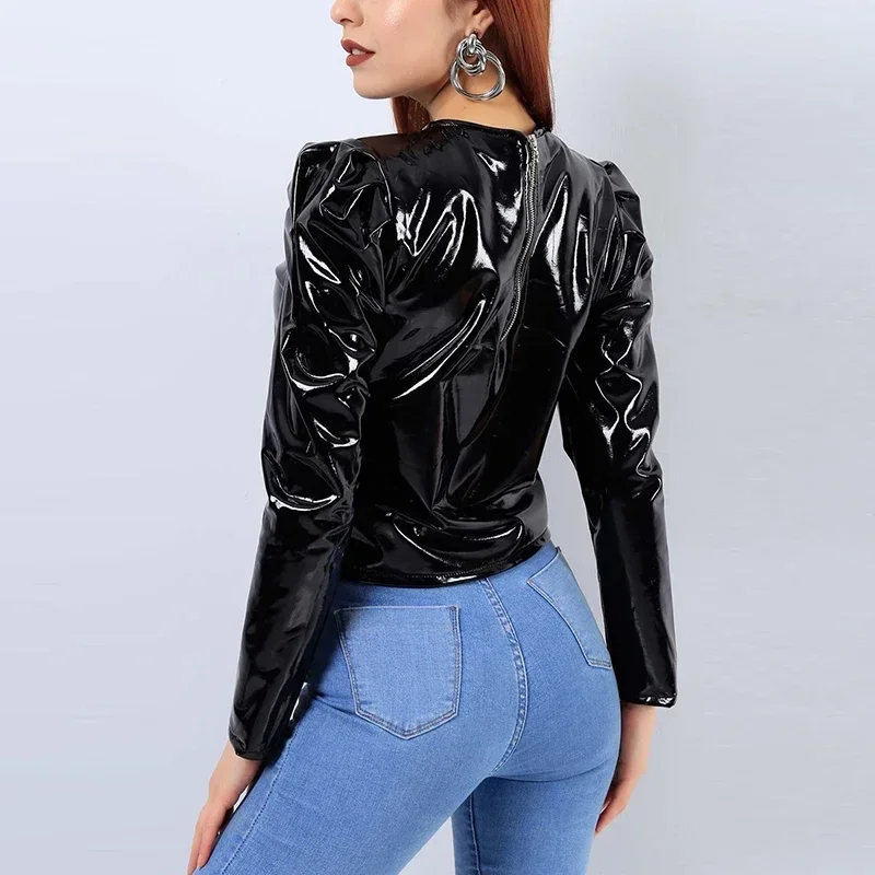 Shiny Patent Leather Round Neck Jacket Women Long Sleeve Short Coats Back Zip Pullover Ladies PVC Leather Coats Clubwear Custom