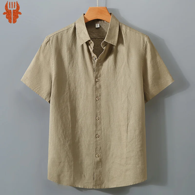 

Summer Men Pure Linen Short Sleeve Shirt Sold Color Harajuku Brand Male Clothes Thin Casual Tops Blouse Breathable Shirt for Man