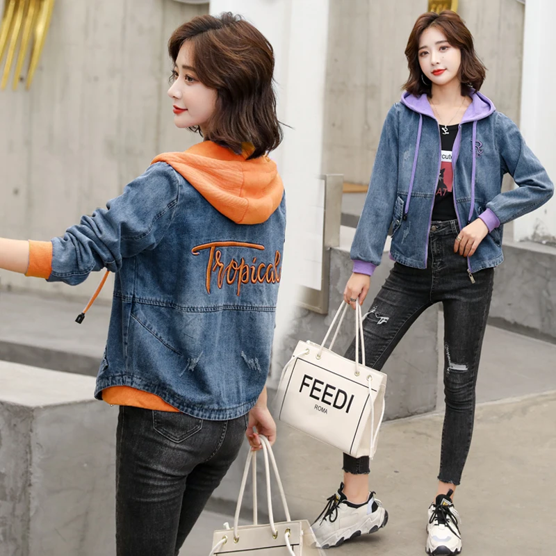 Slimming Effect High-End European Sle Women's Jaet Casual Embroidered Patchwork Hoodie Denim Outerwear ort Coat