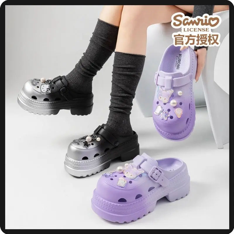 

Новые милые пляжные шлепанцы Sanrio Hello Kitty для девочек, нескользящие, на толстой подошве, увеличивающие рост, летние женские шлепанцы Kuromi