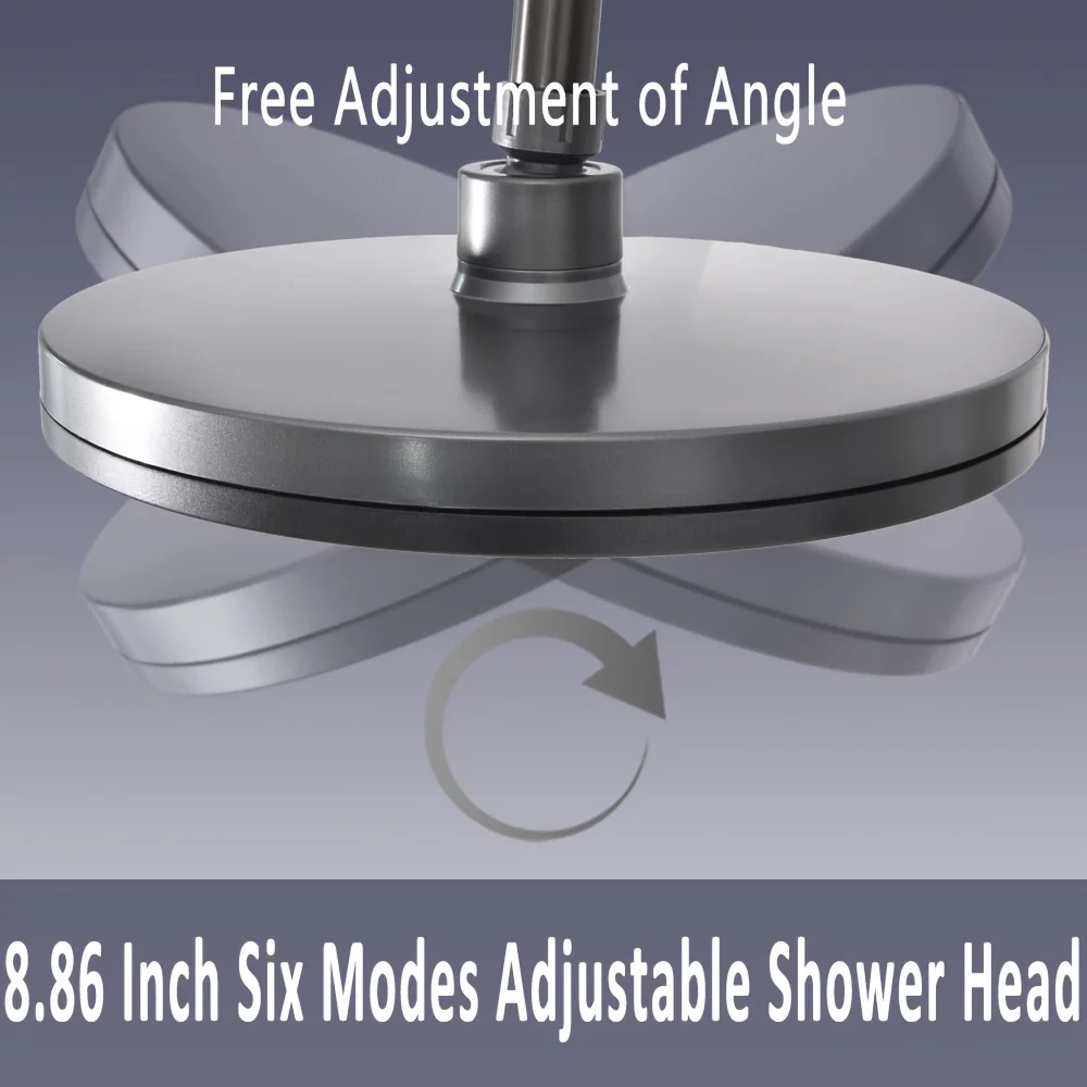 High Pressure Adjustable Rainfall Shower Head, 6 Effluent Modes, Grey, 8.86" Large Head, Pressurized Single-head, Bathroom Acces