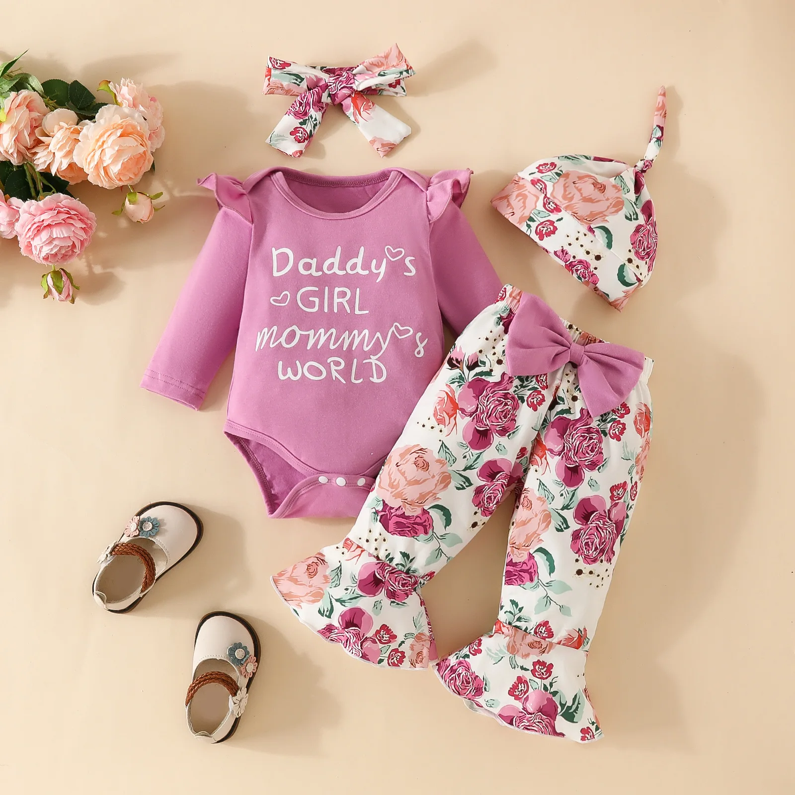 Toddler Baby Girl Clothes Set Spring Autumn Letter Printed Long Sleeved Jumpsuit Bow Shaped Flared Pants Hat Clothing Outfits