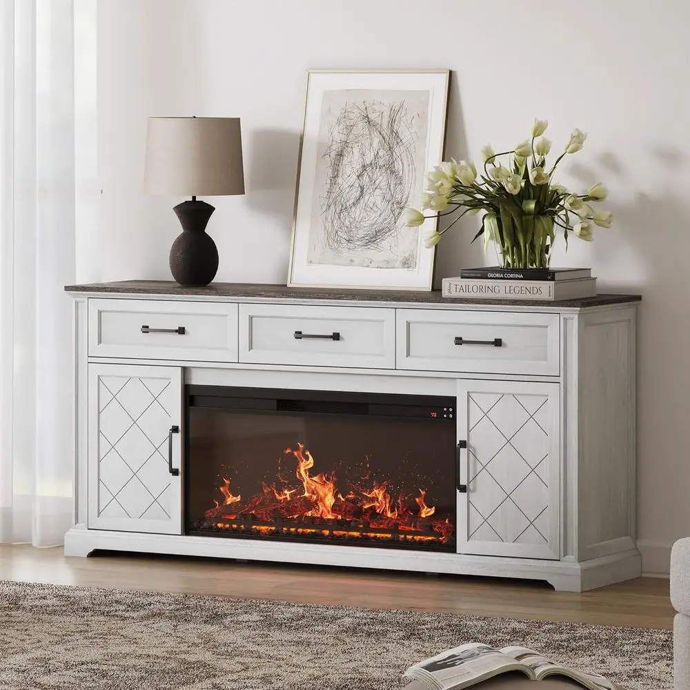 

Подставка для телевизора в фермерском доме с электрическим камином и звуком от трещин, медиаконсоль с шкафами для хранения и 3 ящиками для телевизоров до 75 лет.