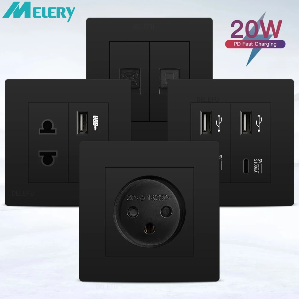 

Melery Огнестойкая черная израильская розетка Стандартная розетка USB типа C для быстрой зарядки Настенная розетка Переключатель Панель ПК 86 мм Телевизор Телефон CAT5 CAT6