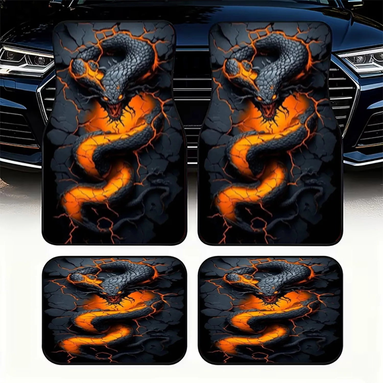4pcs Serpentine Dark Fantasy Design Car Floor Mats | Polyester, Universal Fit, Stylish & Durable, Easy To Install & Clean, Enhan
