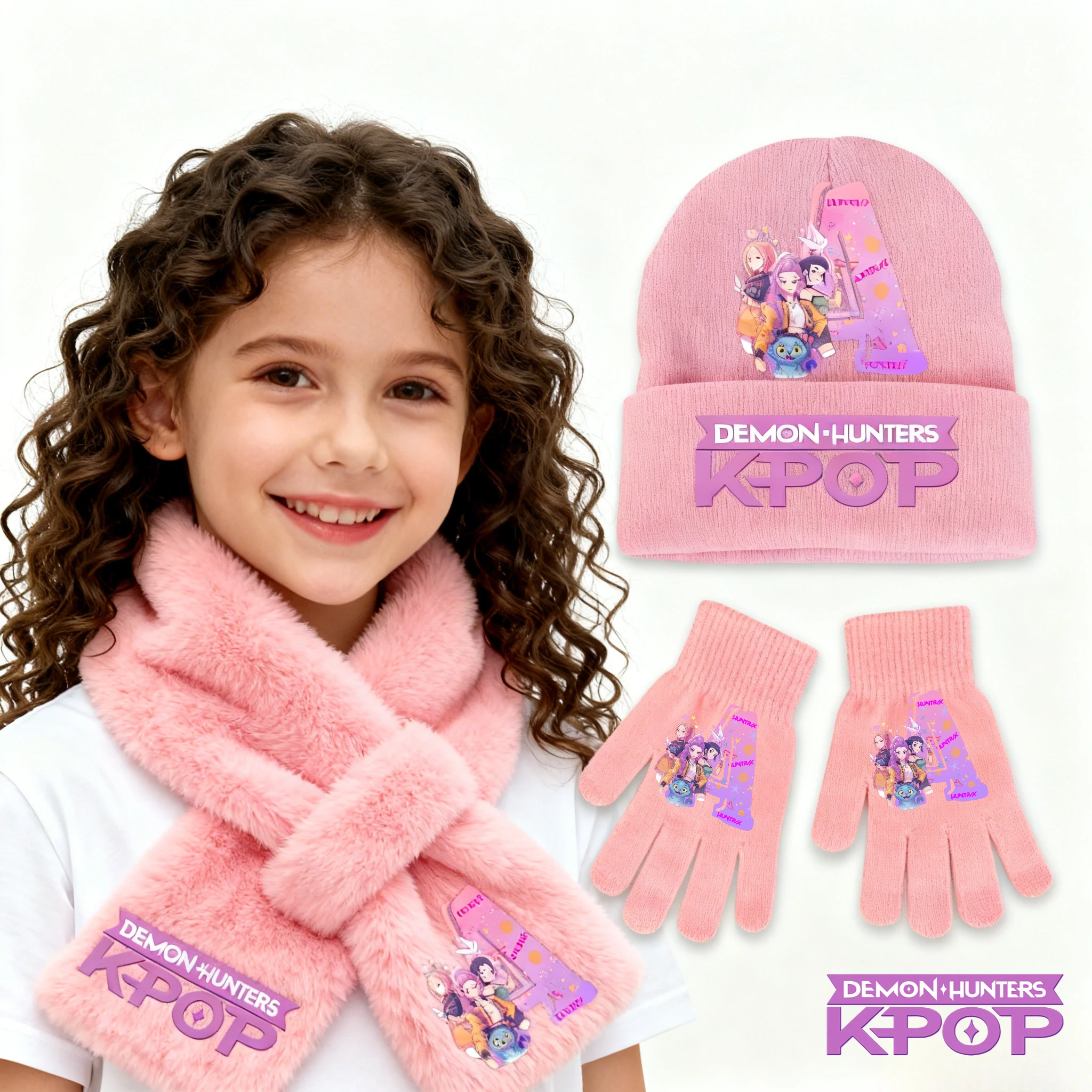 K-Pop Demon Hunters 3Pcs Fashionable Kids Girl Soft Knit Set Winter Warm Hat Scarf Gloves Casual Birthday Gift Accessories